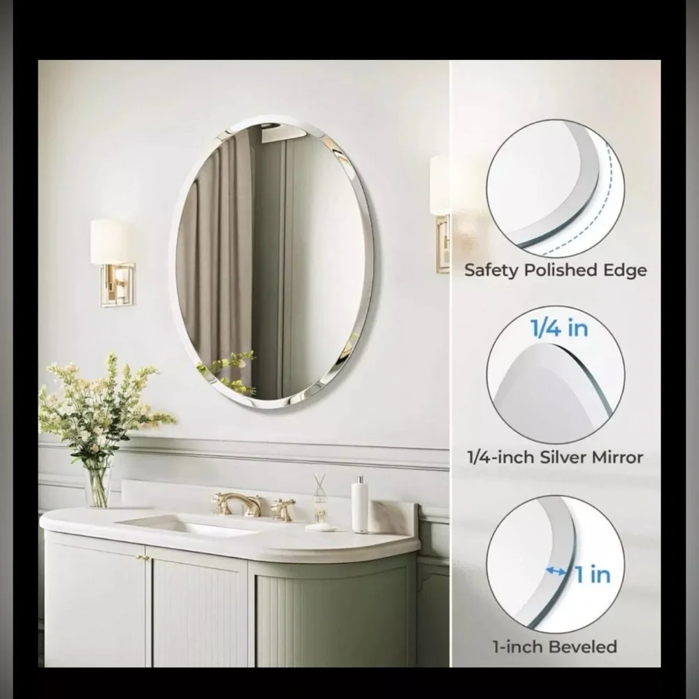 UShower Frameless Beveled Oval Bathroom Mirror NIB - Picture 5 of 8